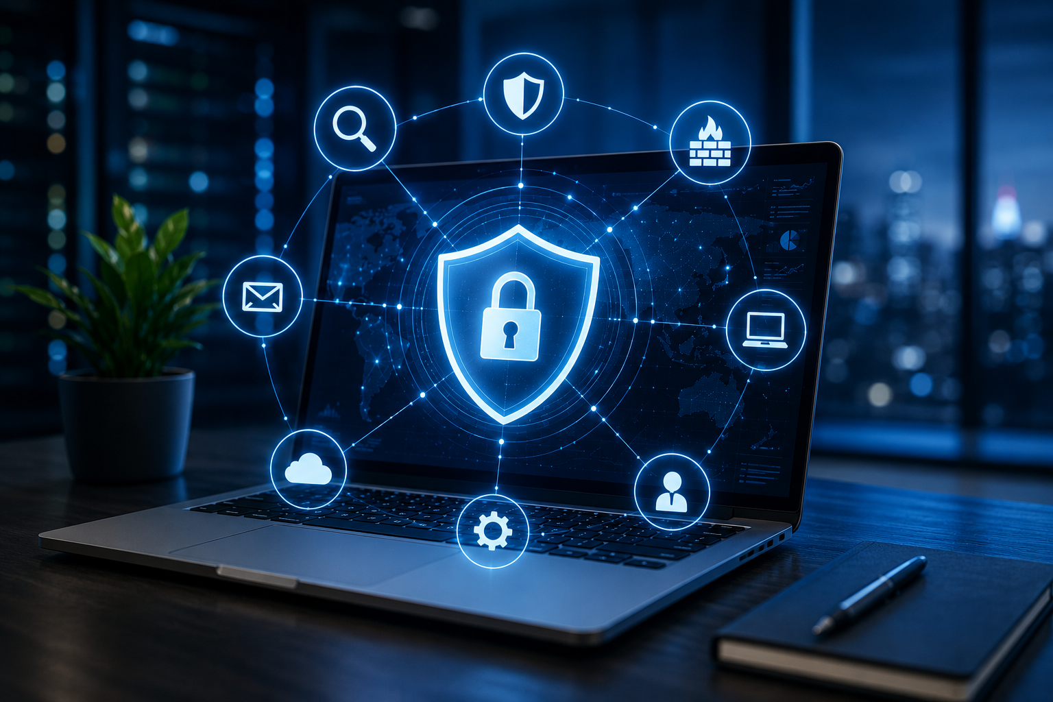 Laptop mit digitalem Sicherheitsschild und vernetzten Cybersecurity-Symbolen zur Darstellung proaktiver Cybersicherheit und IT-Sicherheit für Unternehmen.