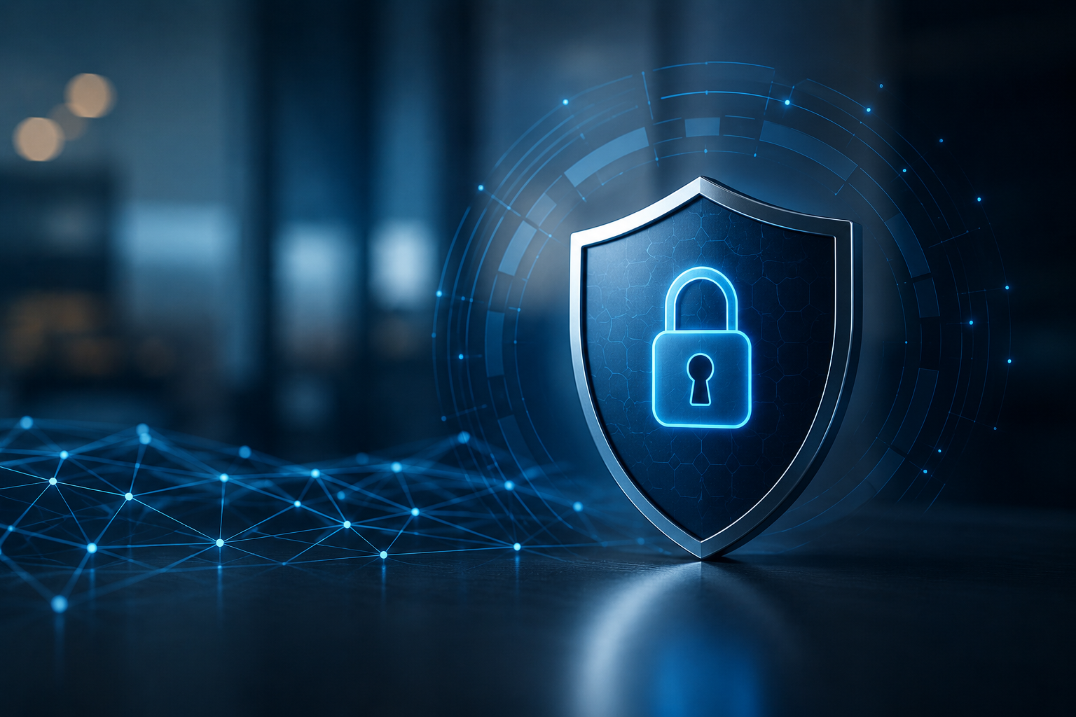 Modernes Symbolbild zur NIS-2-Richtlinie mit digitalem Sicherheitsschild und Schloss. Visualisiert Cybersicherheit, IT-Sicherheit, Compliance und den Schutz von Unternehmensnetzwerken im Mittelstand.