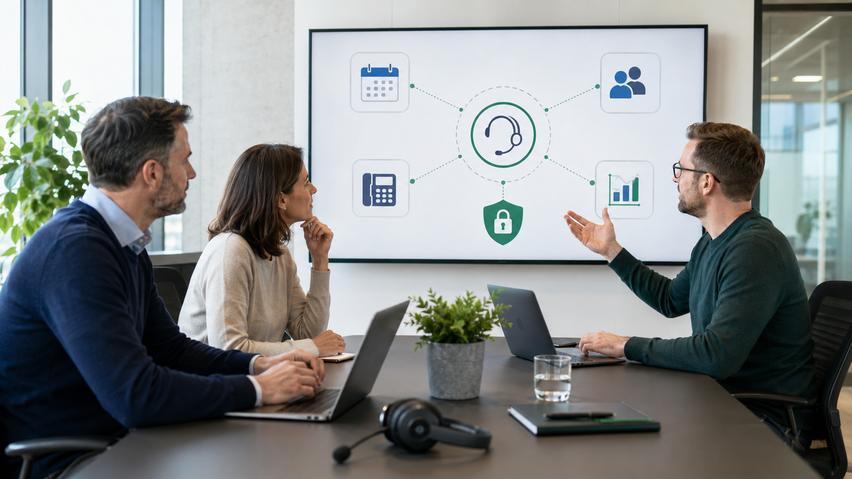 Datenschutz und sichere Integration Prompt: 16:9-B2B-Bild mit IT-Beratern, die eine sichere KI-Telefonie-Integration mit Kalender, CRM, Telefonanlage und Datenschutz planen