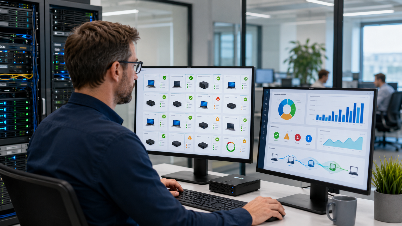 Professionelle B2B-Office-Szene, IT-Administrator prüft Arbeitsplatzgeräte und Update-Status auf einem Dashboard, Thema Windows-10-Supportende und sichere Migration